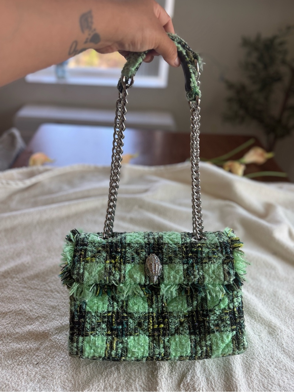 Kurt Geiger Green Tweed Shoulder Bag with Silver Chain